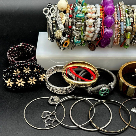 Vintage to Modern Costume Jewelry Bracelet Lot 30+ Pcs Beaded Bangle Cuff
