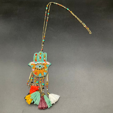 Boho Beaded Statement Necklace Lot of 6 Hamsa Hand Tassel Leather Stone Pendant