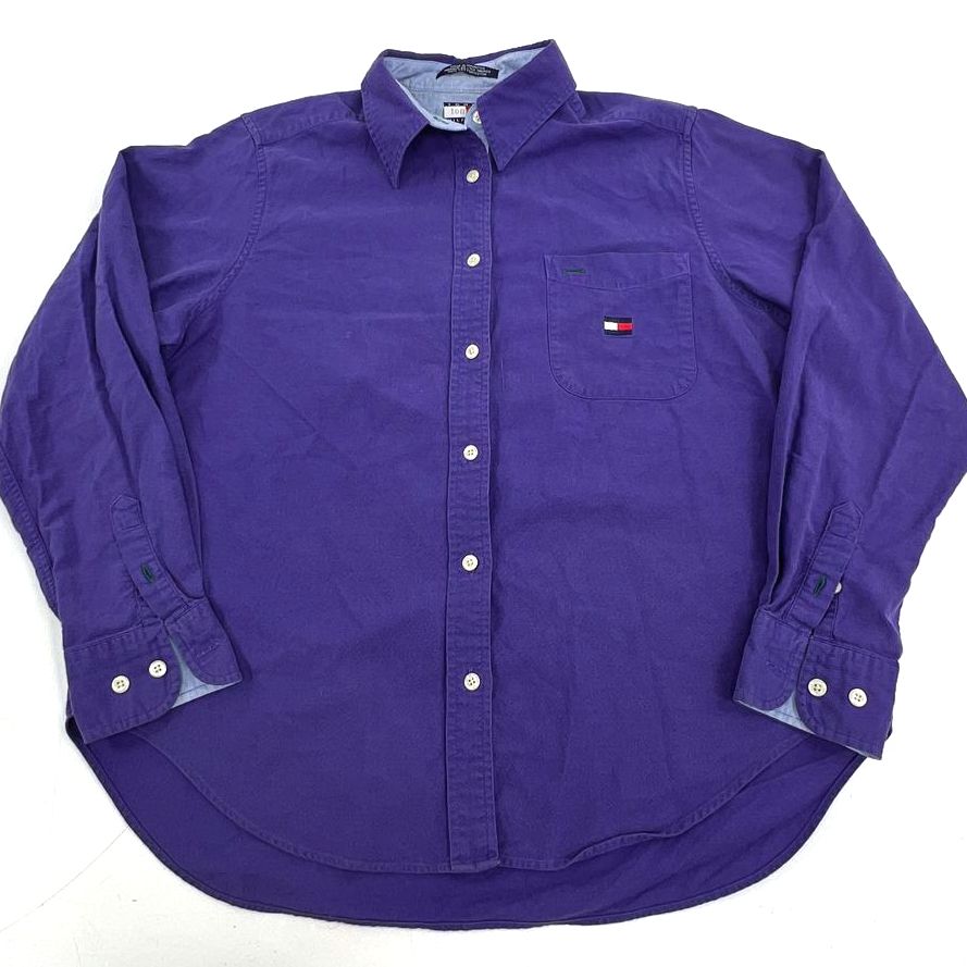Vintage 90s Tommy Hilfiger Purple Cotton Flag Logo Button Down Shirt Womens 10