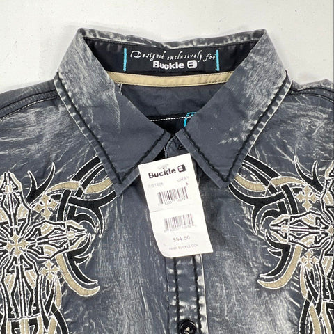 Roar Men's Gray Acid Wash Embroidered Tribal Cross Button Up Shirt Sz S NWT