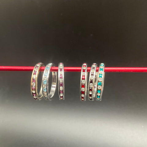 Rhinestone Stacking Band Costume Jewelry Lot of 6 Silver Tone Rings Size 8