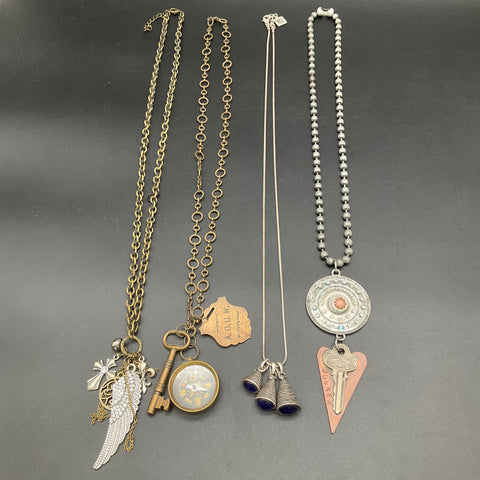 Boho Steampunk Assemblage Jewelry Lot 4 Necklaces Compass Key Rhinestone Wing