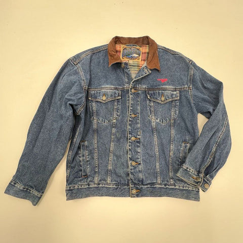 Vintage 90s Dunbrooke Mens Denim Trucker Jacket Leather Collar Flannel Lined L