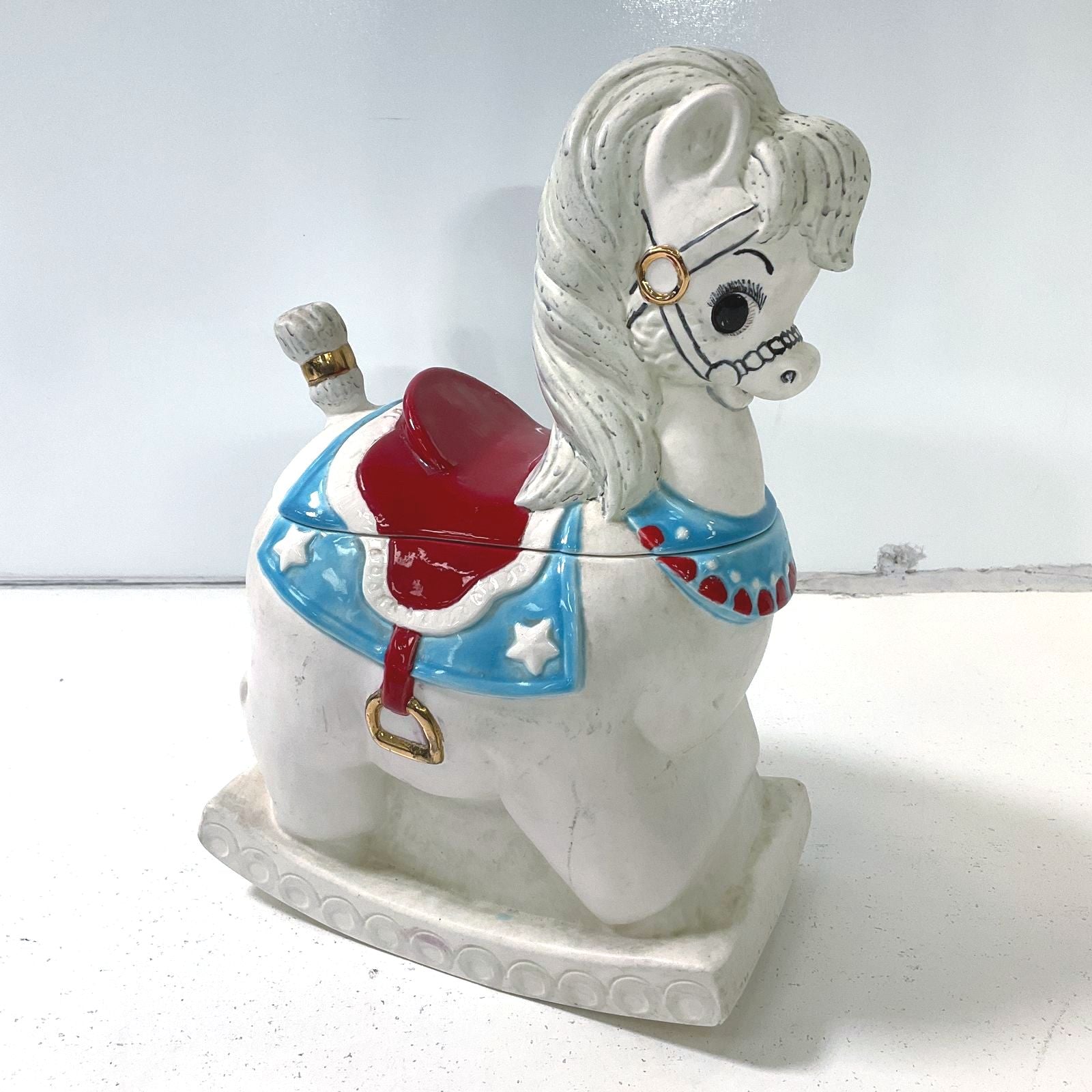 Vintage Alberta's Bisque Rocking Horse Cookie Jar White Red Blue Hand Painted
