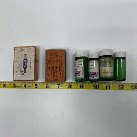 Vintage Rexall Apothecary Lot 6 Pieces Green Glass Bottles & Prescription Boxes