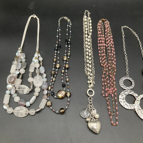 Costume Jewelry Necklace Lot of 6 Silver Tone Beaded Heart Leaf Motif Statement