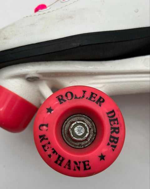Vintage 80s Roller Derby White Pink Quad Roller Skates Women's Size 5