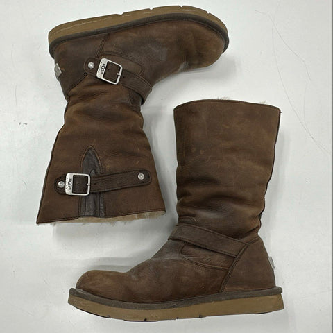 UGG Kensington Chocolate Brown Leather Moto Buckle Shearling Boots Size 10