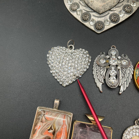Vintage and Modern Costume Jewelry Pendant Lot of 35 Hearts Crosses Stones
