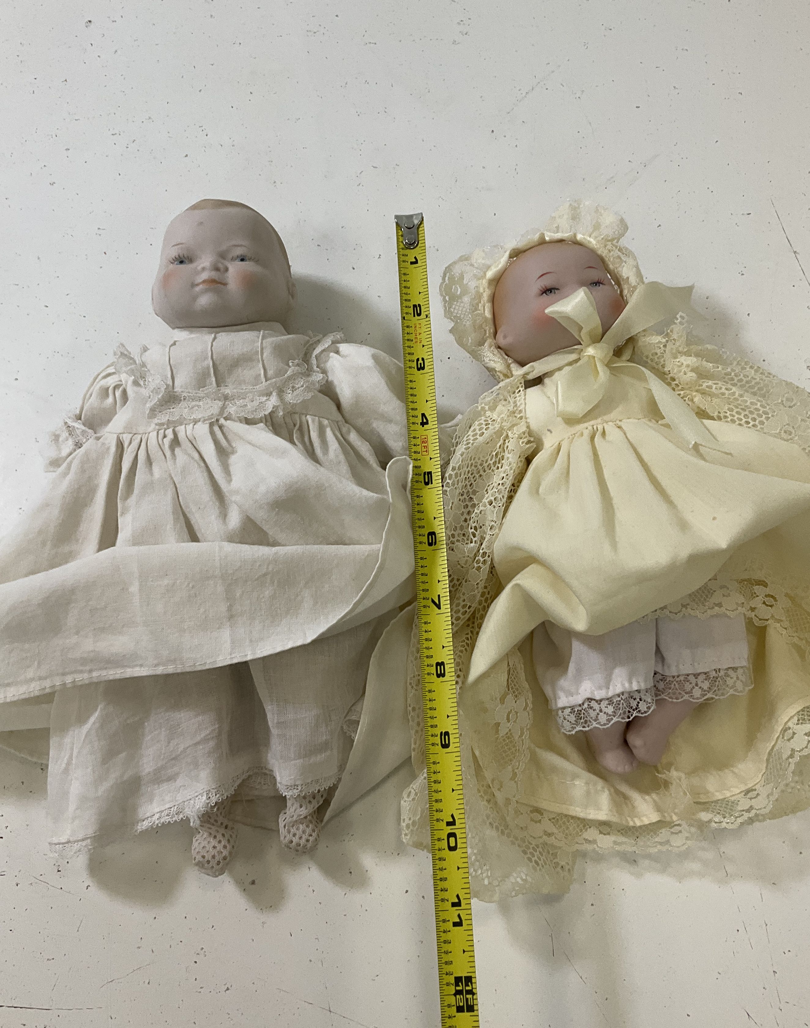 Two Vintage Bisque Dolls Bye Lo Style Prince Henry Christening Dress Outfits