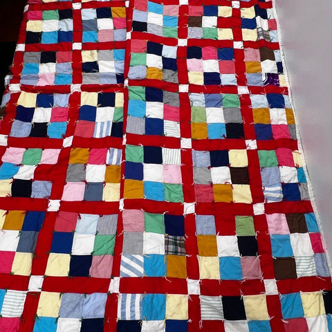 Vintage Patchwork Tied Quilt Multi-Color Scrap Fabric Blanket Red Grid 80x72