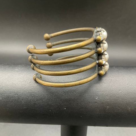 Auden Brass Tone Faux Pearl Rhinestone Multi Band Cuff Bracelet Statement 6"