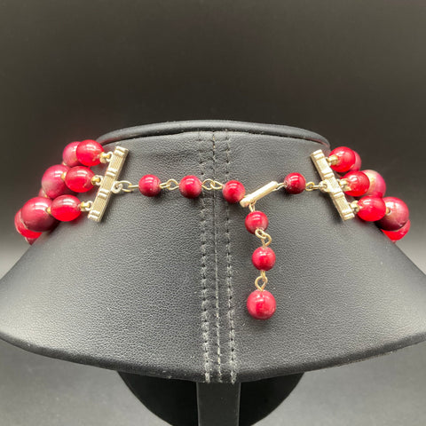 Vintage Hong Kong Red Multi Strand Beaded Necklace Gold Tone Filigree 17"