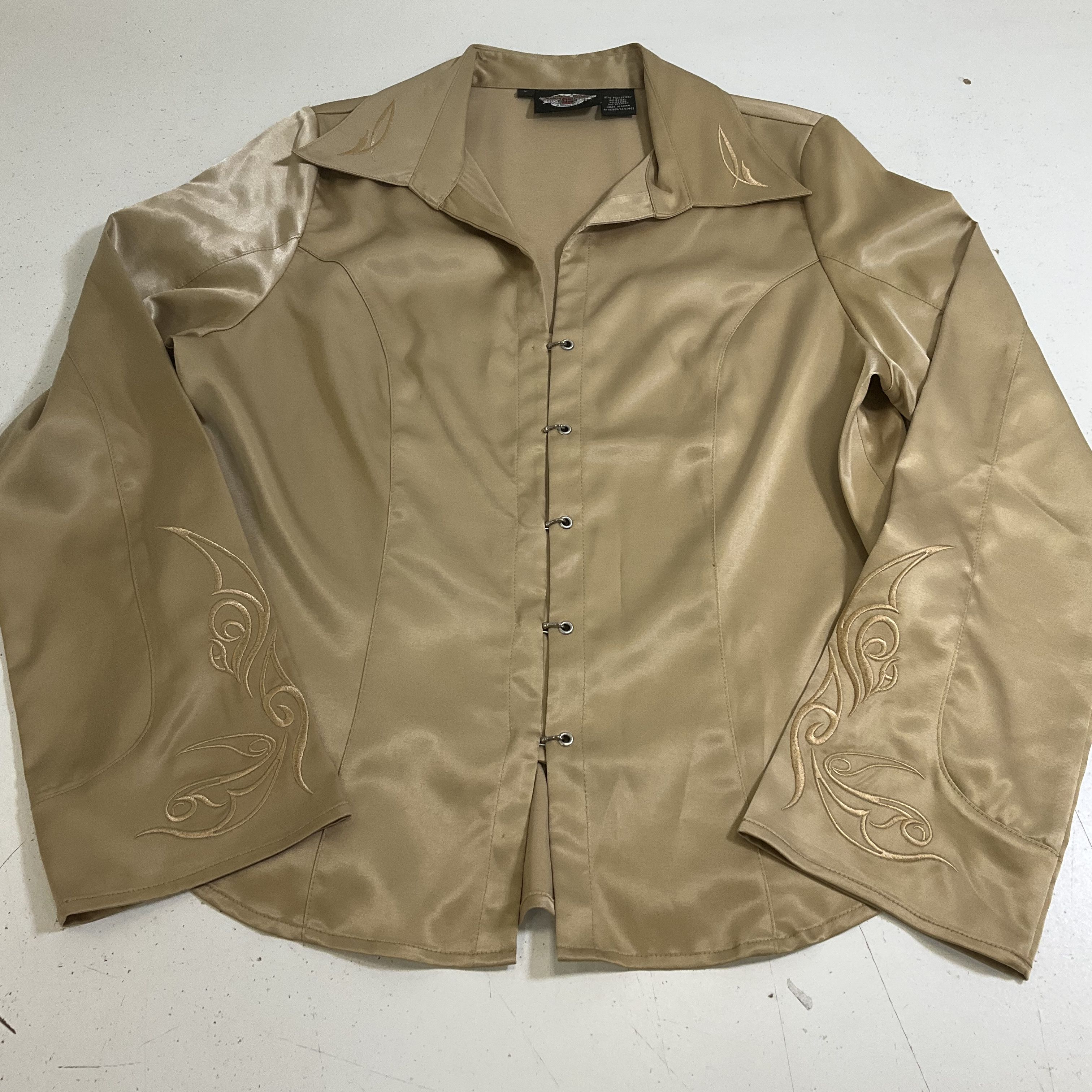 Harley-Davidson Gold Y2K Embroidered Satin Hook Eye Blouse Shirt Women's L