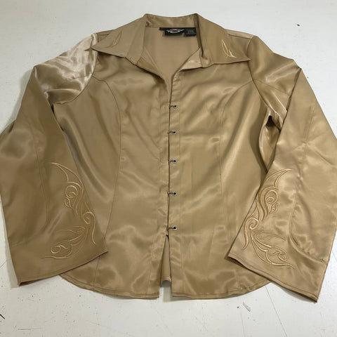 Harley-Davidson Gold Y2K Embroidered Satin Hook Eye Blouse Shirt Women's L