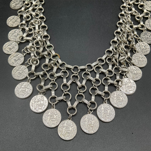 Vintage Egyptian Revival Silver Tone Multi Strand Coin Bib Necklace
