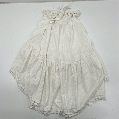 Maeve Anthropologie Women's White Tiered High-Low Seersucker Pom Pom Dress Sz L