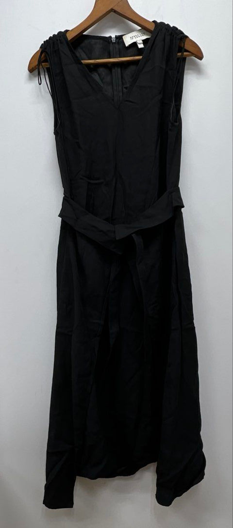 Derek Lam 10 Crosby Women's Black V-Neck Ruched Shoulder Belted Midi Dress Sz 4