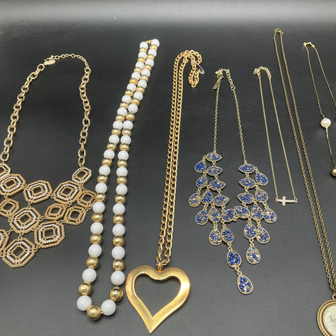 Vintage Style Costume Jewelry Lot 9 Necklaces Heart Cross Locket Bib Statement