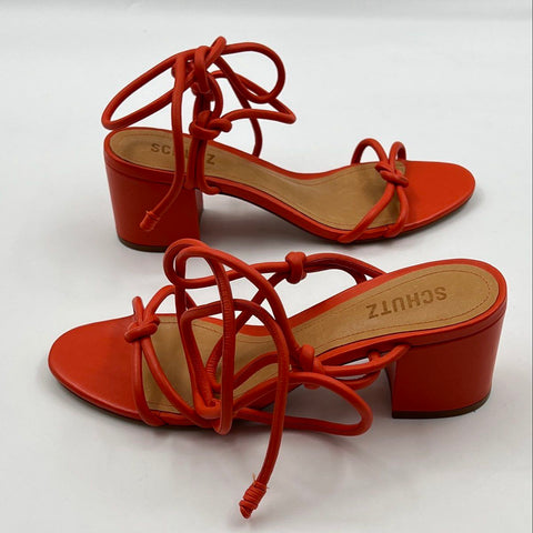 Schutz Vicky Mid Flame Orange Leather Lace Up Block Heel Sandals Size 8B