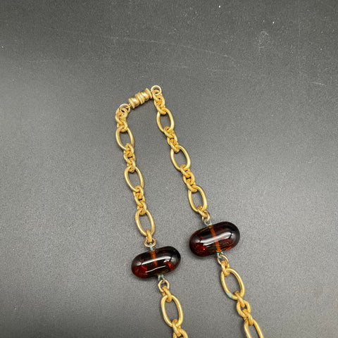 Vintage Mid-Century Gold Tone Faux Tortoiseshell Glass Teardrop Pendant Necklace
