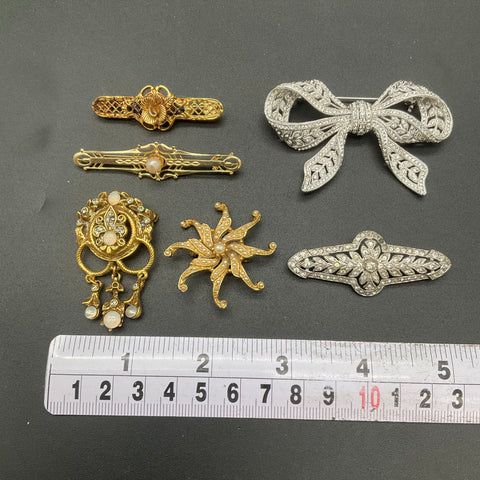 Vintage Victorian Revival Jewelry Lot of 6 Brooches Rhinestone Pearl Gold Tone