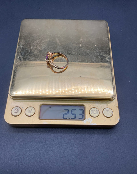 Vintage Gold Plated Amethyst Bypass Ring Clear Accent Stones Size 7