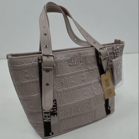 NWT Steve Madden Taupe Quilted Logo Tote Bag Shoulder Purse Silver Hardware