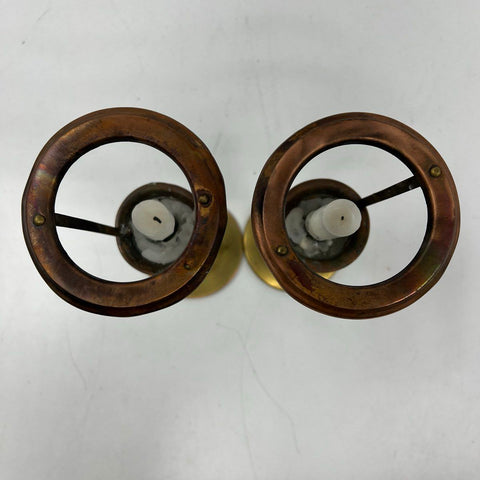 Vintage Brass and Copper Candlesticks Pair Mixed Metal Nautical Style 13"