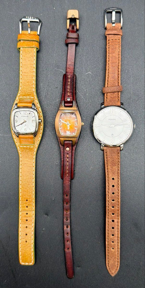 Fossil Ladies Leather Strap Watch Lot of 3 Jacqueline Tonneau Cuff Untested