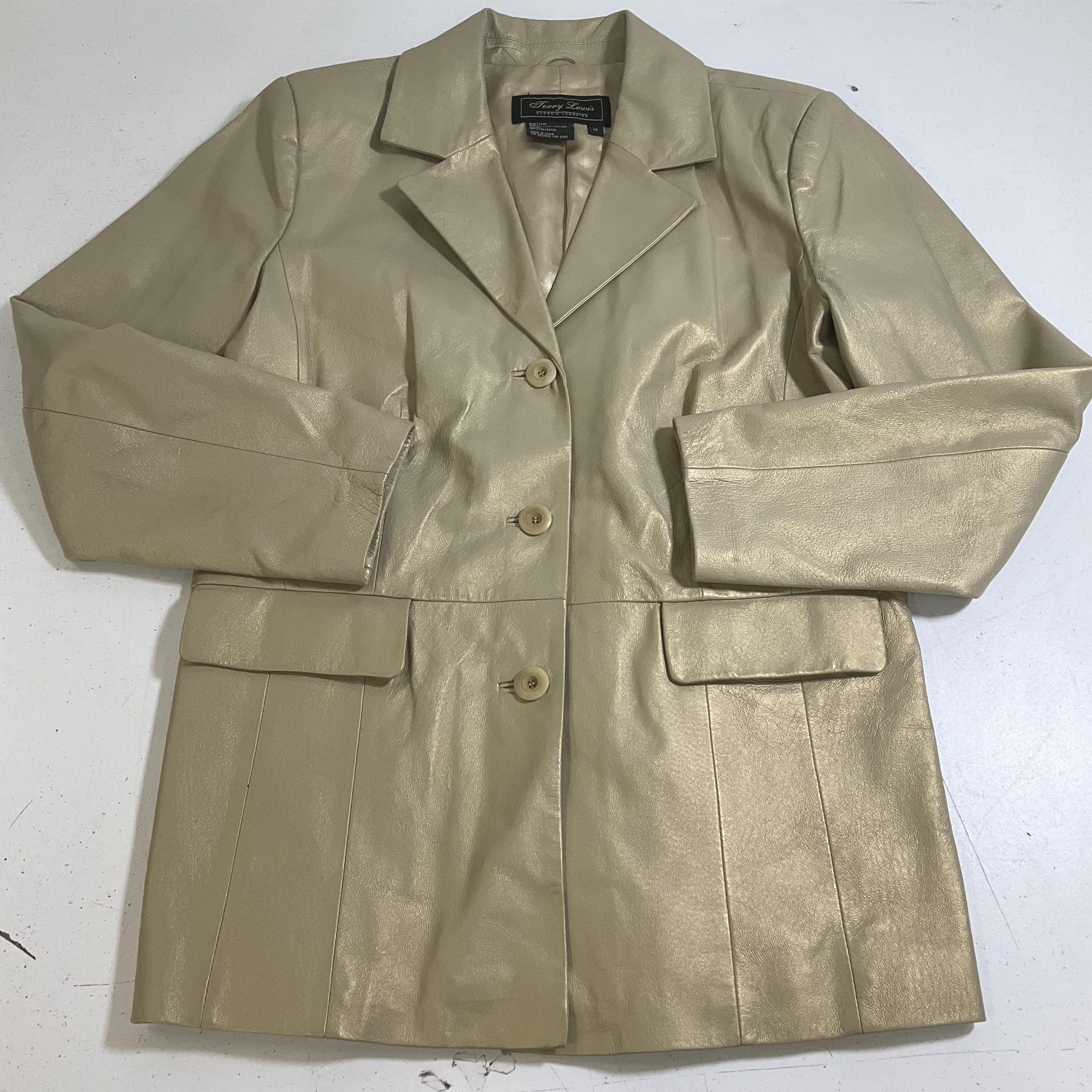 Vintage Y2K Terry Lewis Women's Champagne Gold Metallic Leather Jacket Blazer M