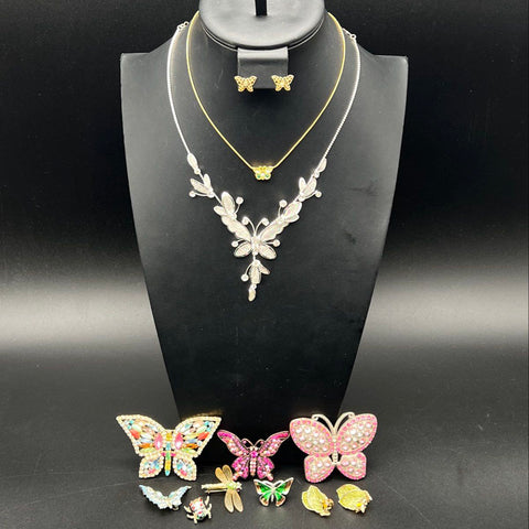 Vintage Butterfly Insect Jewelry Lot Rhinestone Enamel Brooch Necklace Earrings