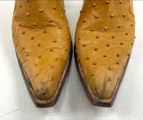 Y2K Soto Boots Tan Full Quill Ostrich Leather Heeled Ankle Boots Size 9.5