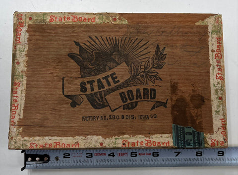 Antique State Board Wooden Cigar Box Iowa Factory 180 Boar Head Logo Early 1900s