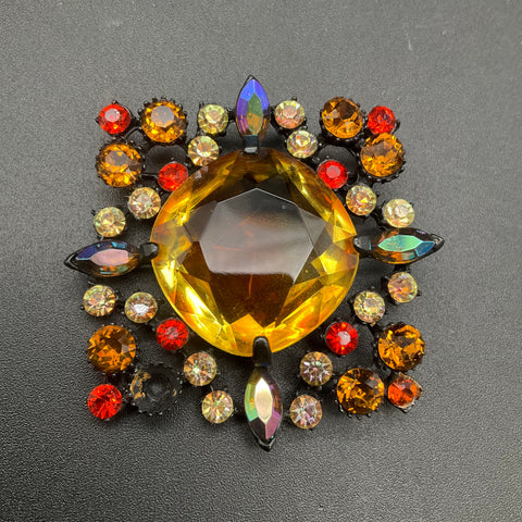 Vintage Japanned Metal Rhinestone Brooch Amber Orange AB Marquise 2.5-Inch