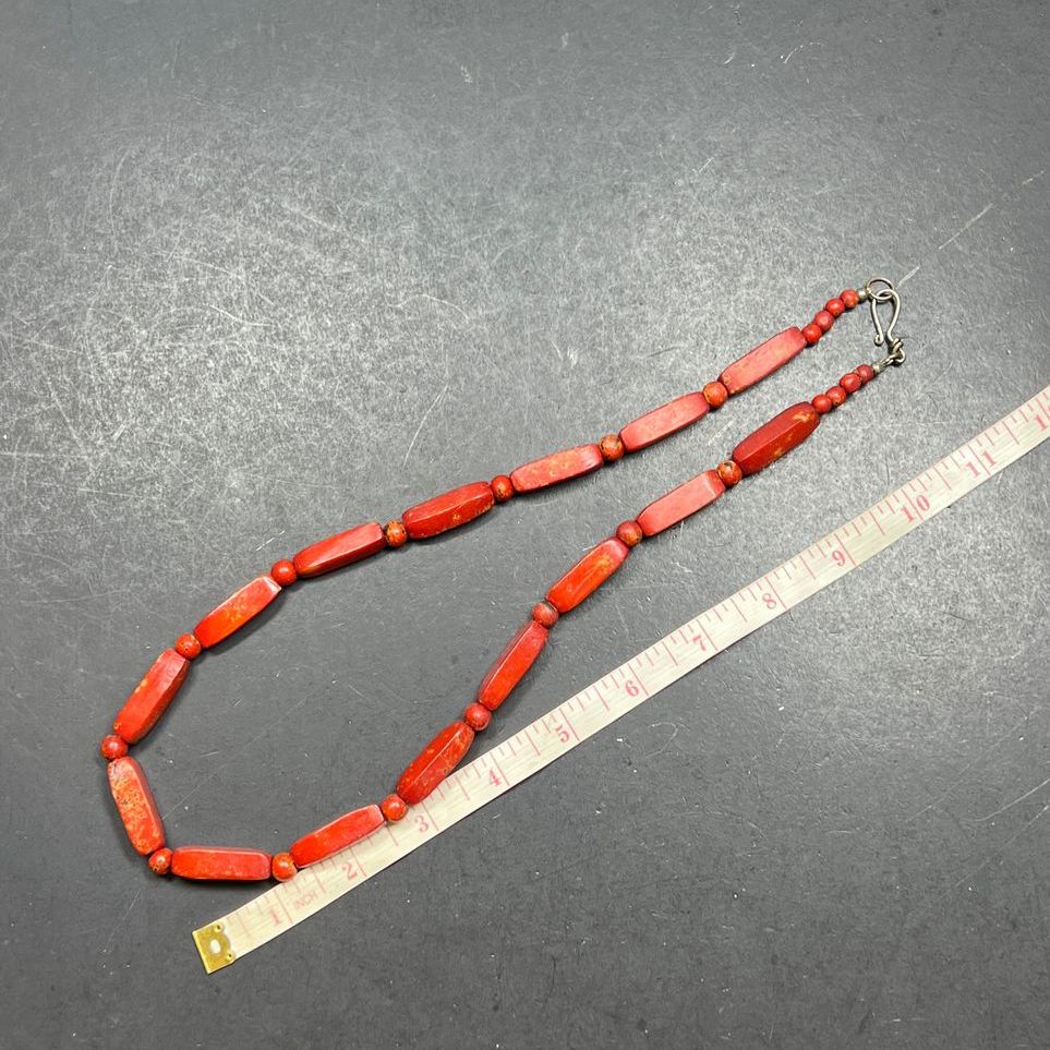 Red Coral Oblong and Round Beaded Necklace