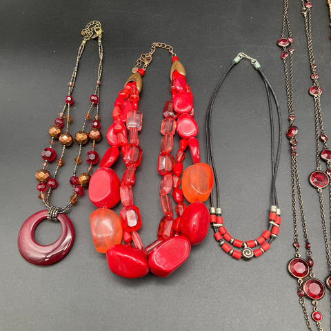 Vintage Boho and Statement Beaded Necklace Jewelry Lot of 8 Red Resin Wood