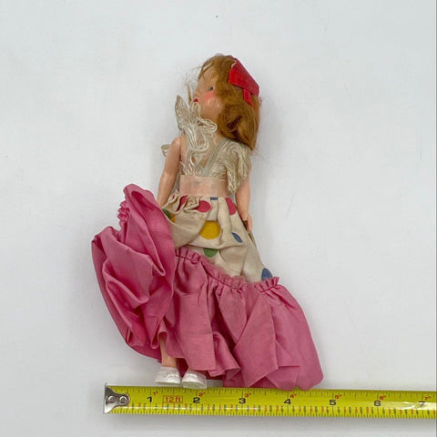 Vintage Doll Hard Plastic Polka Dot Pink Ruffle Dress 8 Inch Mid-Century