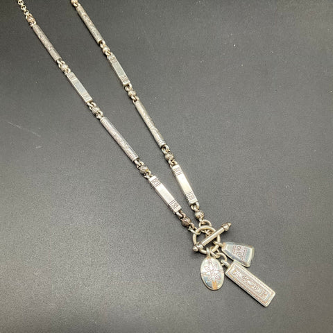 Brighton Silver Tone Multi Charm Toggle Necklace Etched Scrollwork Design 16"