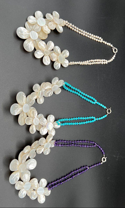 Lot of 3 Mother of Pearl Carved Flower Statement Necklaces Beaded Pearl & Stone