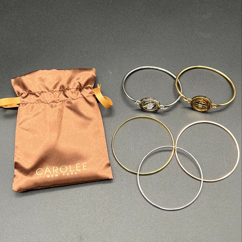 Carolee Set of 5 Bangle Bracelets Gold Silver Rose Tone Bee Hamsa Charms Pouch