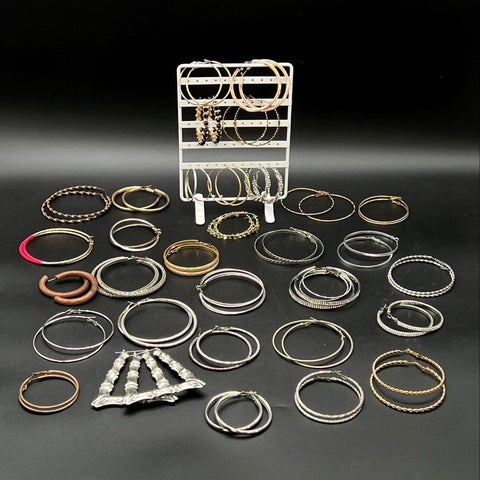 Costume Jewelry Lot 30+ Hoop Earrings Gold Silver Tone Bamboo Rhinestone