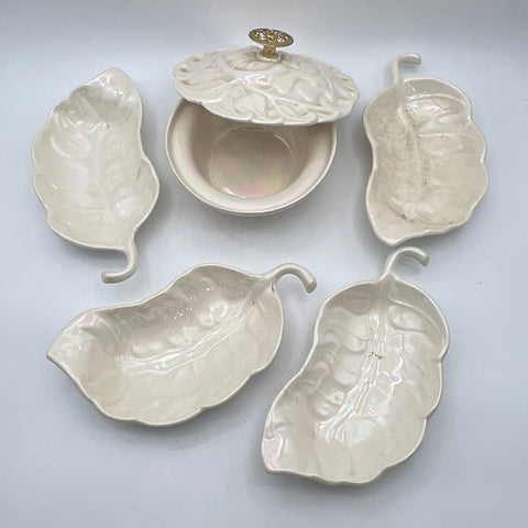 Cal Style USA Vintage Pearlescent Leaf Lidded Jar & 4 Leaf Dishes 5 Piece Set