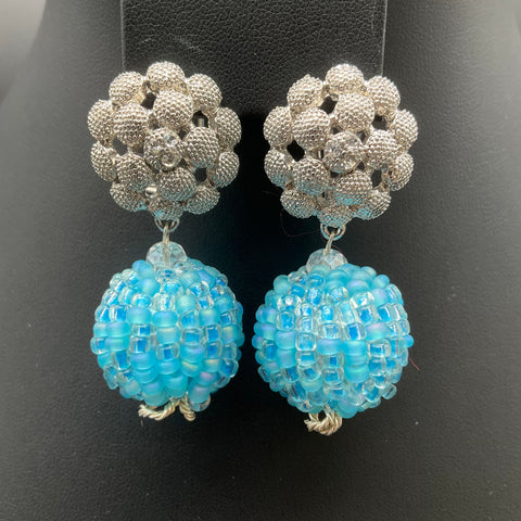 Blue Seed Bead Multi-Strand Necklace Bracelet Clip-On Earrings Jewelry Set 3pc