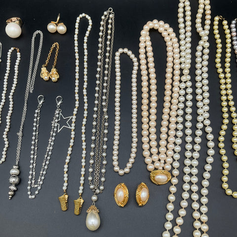 Vintage Faux Pearl Costume Jewelry Lot of 25 Necklaces Bracelets Earrings Ring