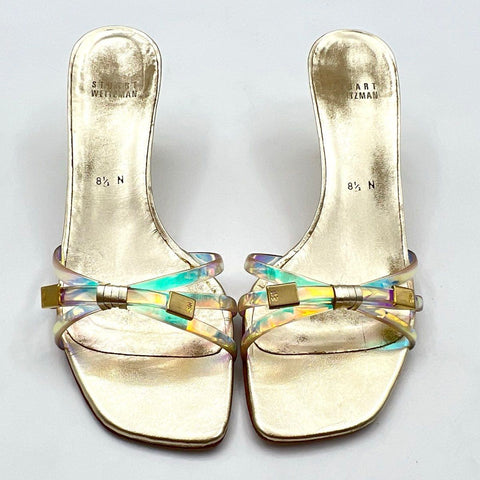 Vintage 90s Stuart Weitzman Gold Iridescent Clear Strappy Kitten Heels Size 8.5