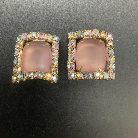 Vintage Lilac Purple AB Rhinestone & Faux Pearl Clip On Earrings Lot of 2 Pairs