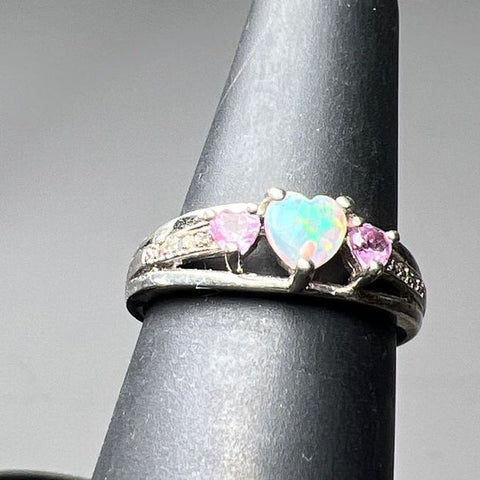 925 Sterling Silver Heart Opal, Pink Topaz & Sapphire Accent Ring Size 5.75g