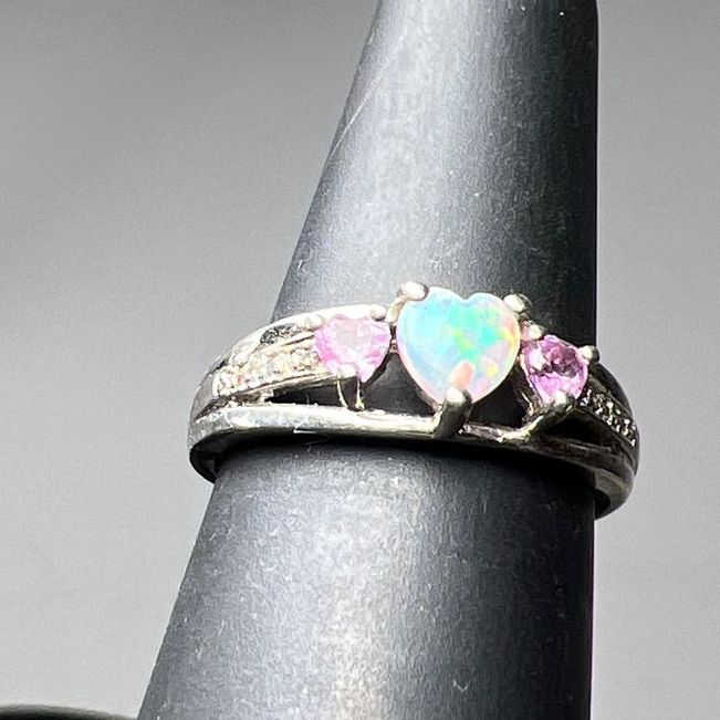 925 Sterling Silver Heart Opal, Pink Topaz & Sapphire Accent Ring Size 5.75g