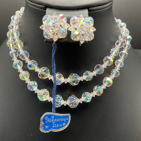 Vintage Coro Shimmering Stars AB Crystal Necklace Earrings Set w/ Tags